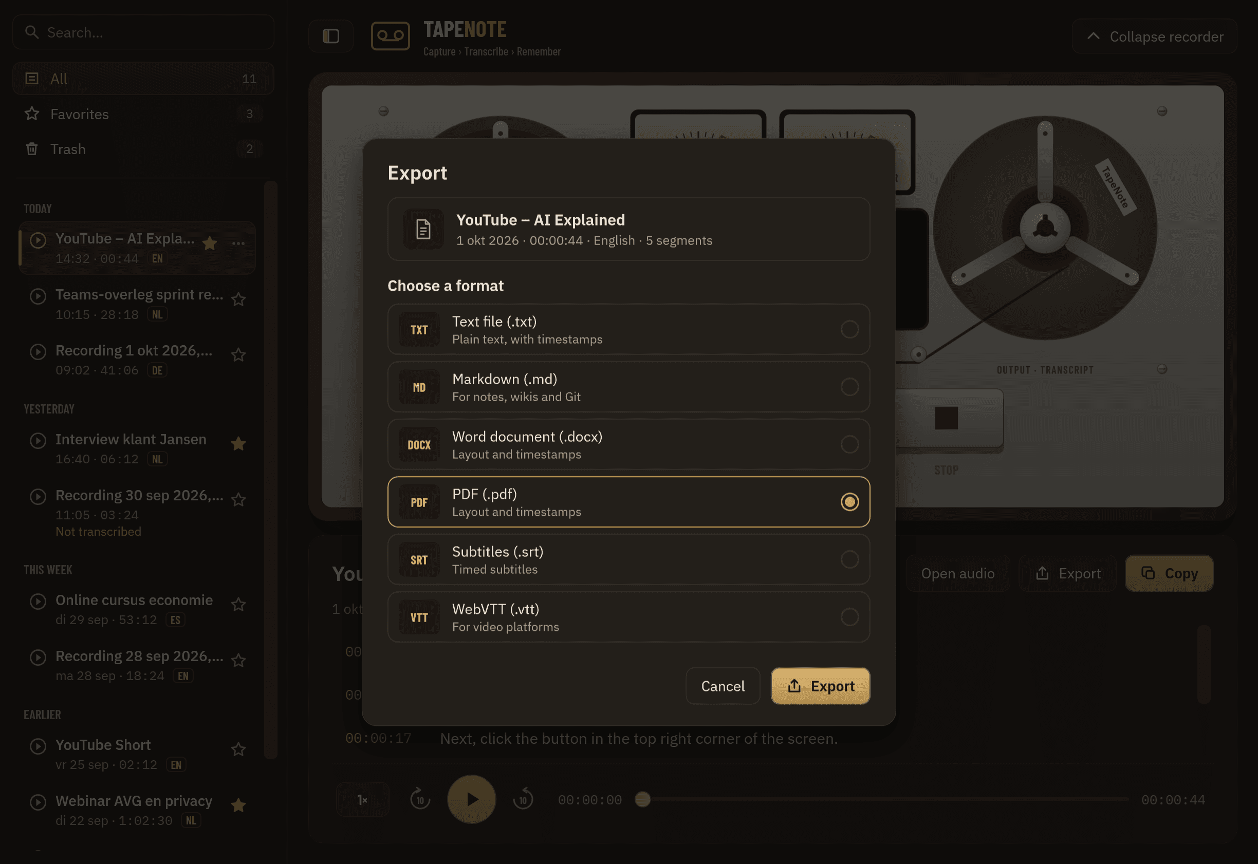 The export dialog with TXT, Markdown, Word, PDF and subtitles.
