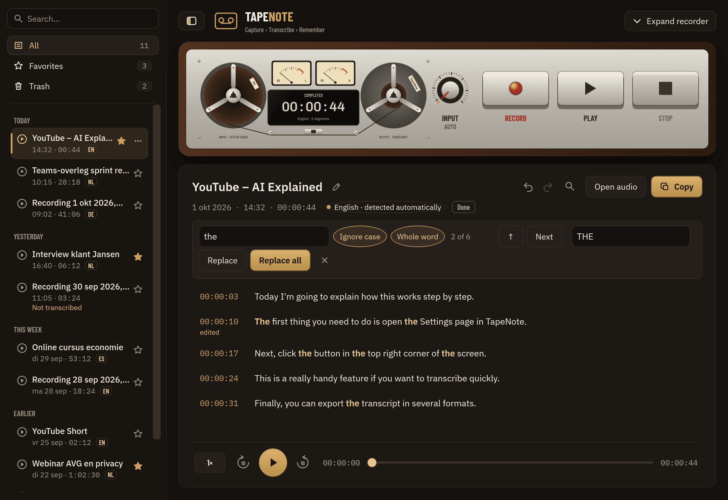 Find and replace in a transcript in the desktop app.
