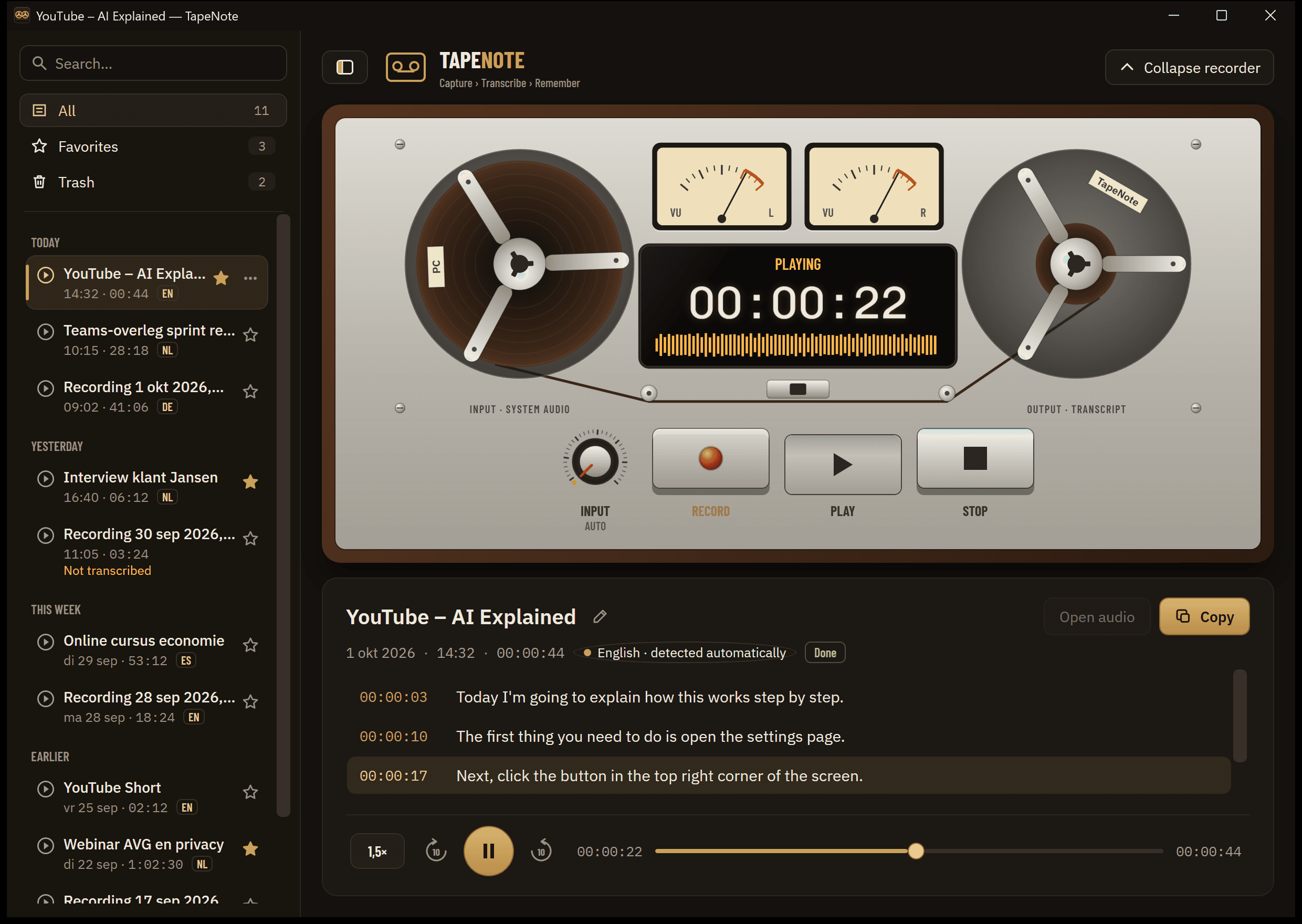 The TapeNote desktop app playing a recording; the line being spoken lights up in the transcript.