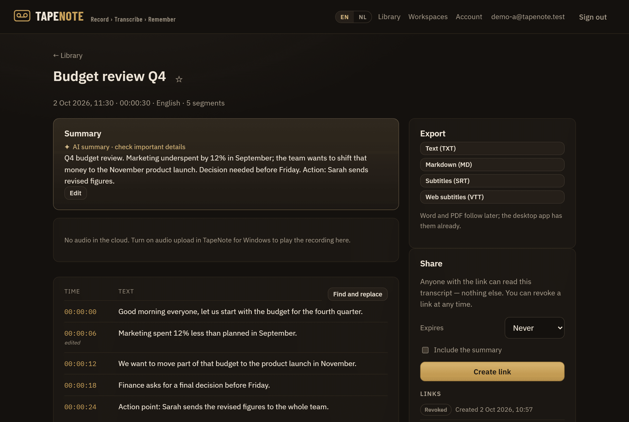 A transcript in the TapeNote web library with timestamps, export and sharing.