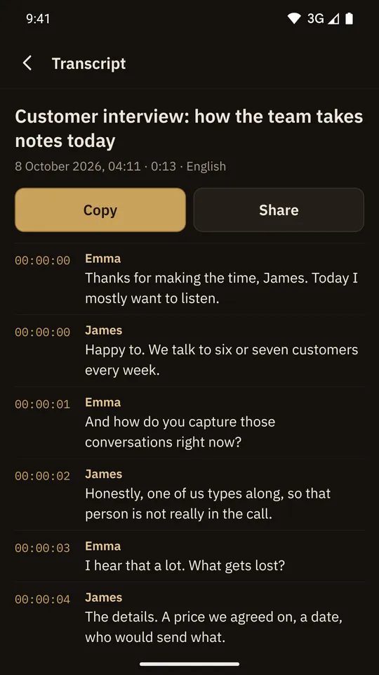 A transcript in TapeNote for Android