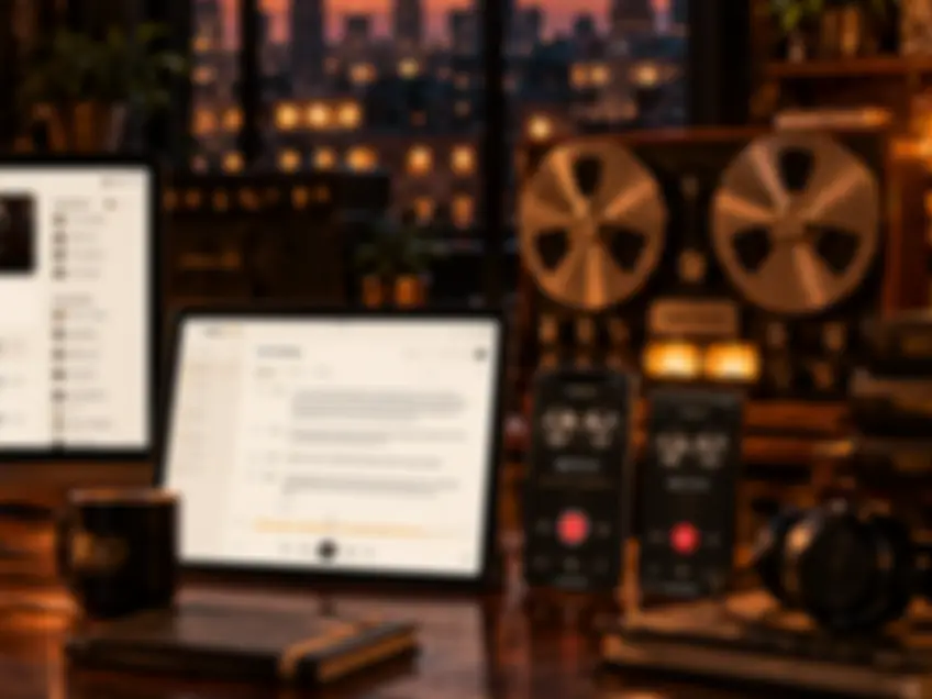 A tablet and two phones in front of a tape recorder, with the city at dusk behind the window, out of focus.