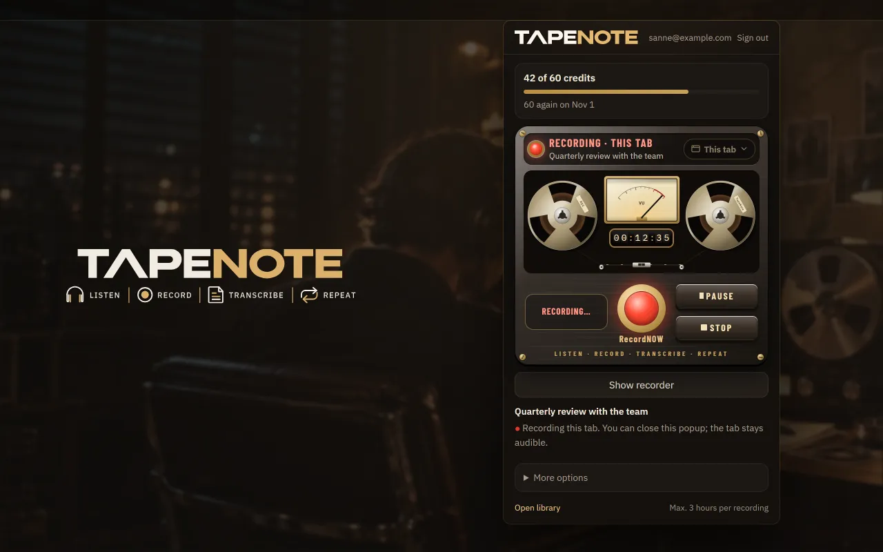 The TapeNote extension while recording