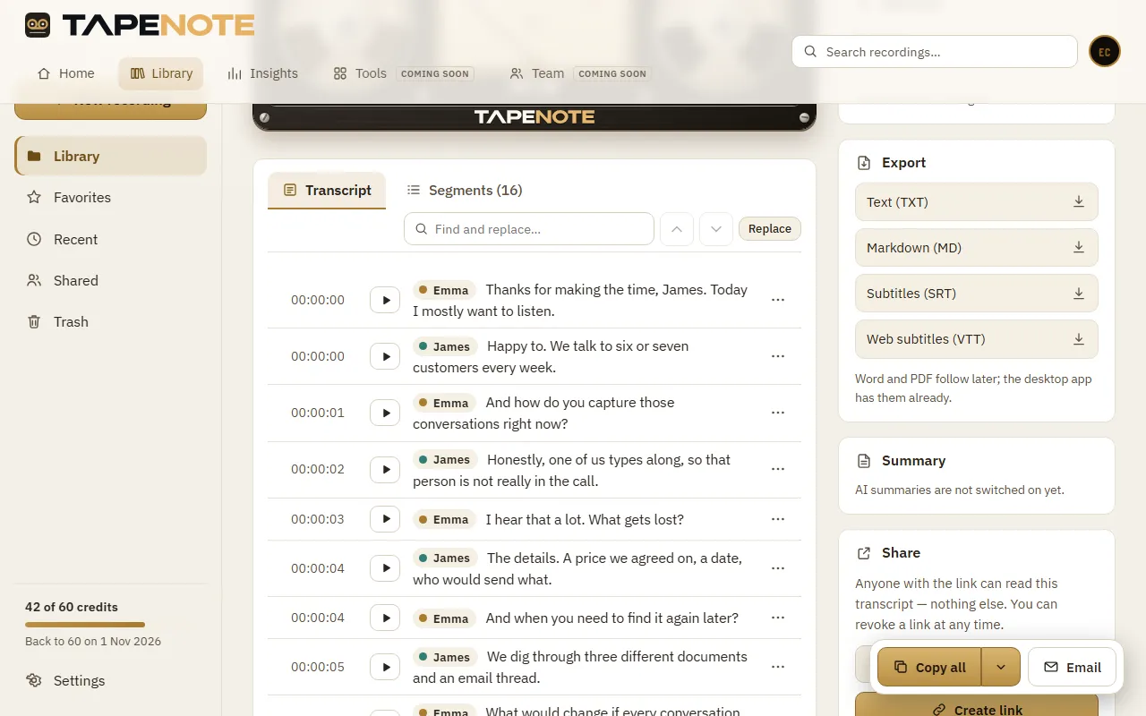 The transcript of a recording in the web app