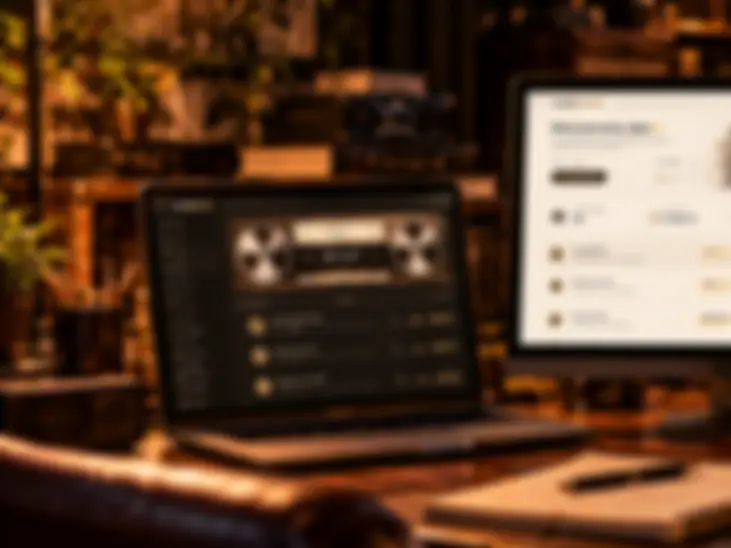 Een laptop op een houten bureau in warm avondlicht, onscherp.