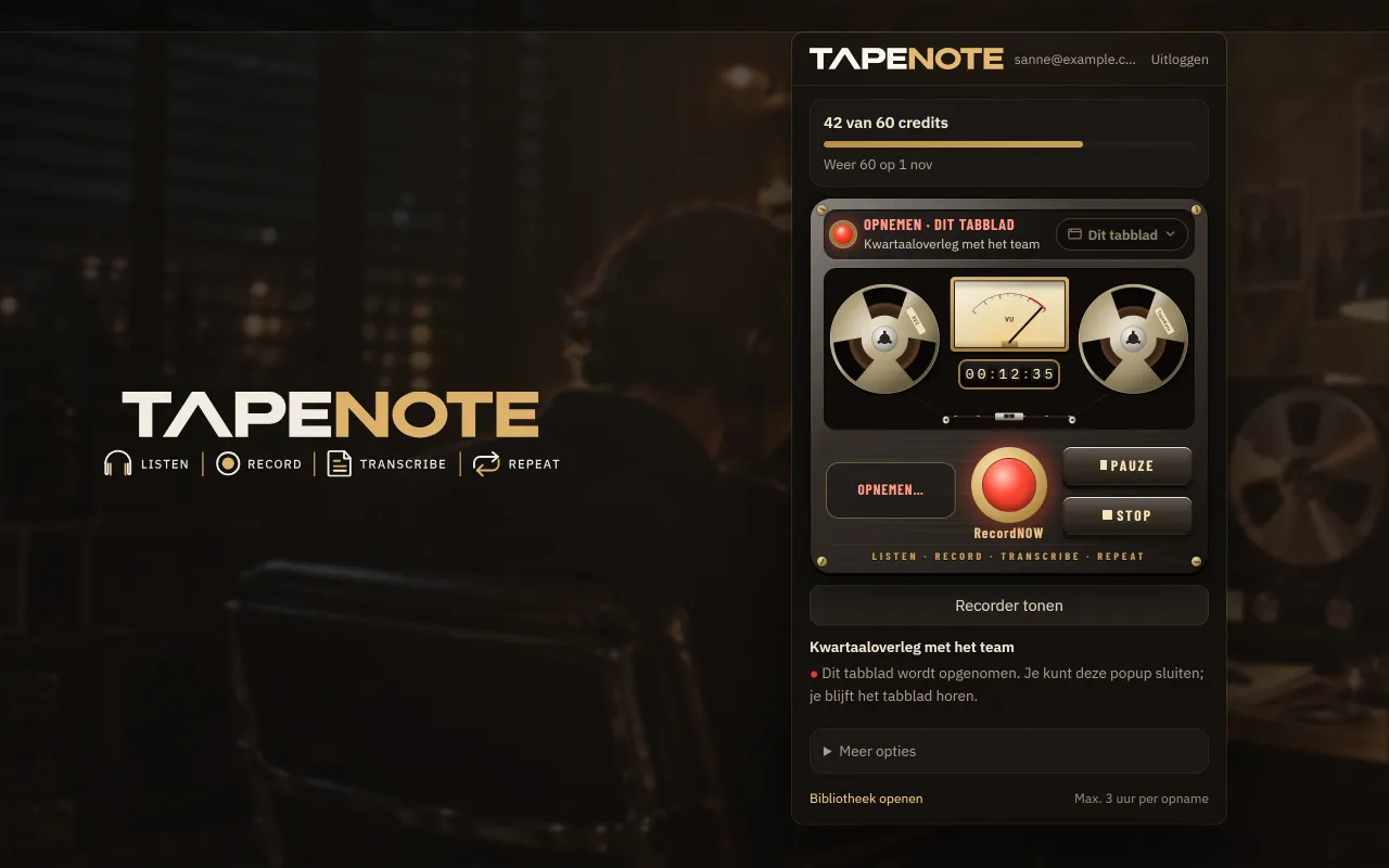 De TapeNote-extensie tijdens een opname