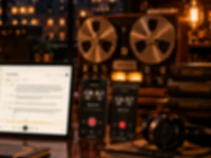 Twee telefoons met een rode opnameknop naast een tablet en een bandrecorder, onscherp.
