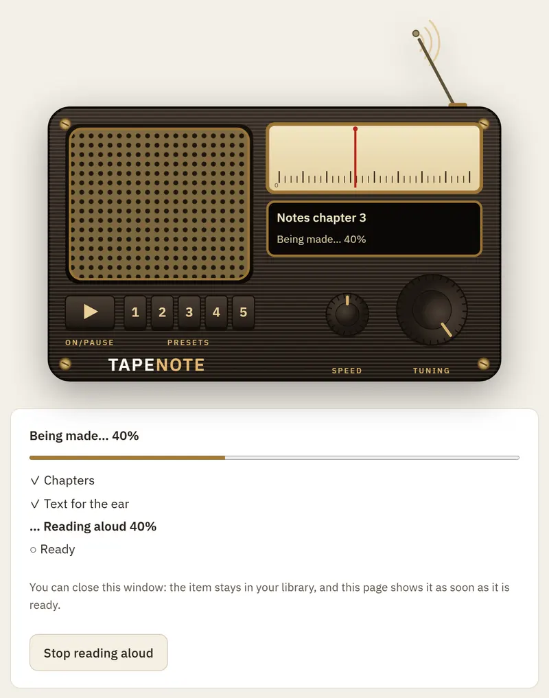 The radio with its antenna up and the text "Being made… 40%", with the steps below it.