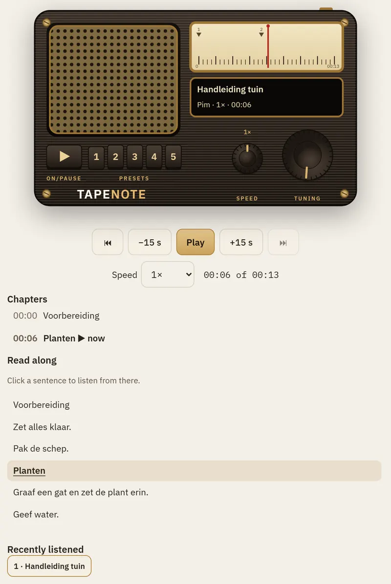 The radio while playing, with the buttons, the speed, the chapters and the text to read along.