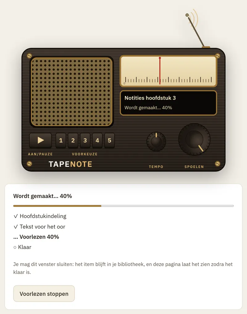 De radio met de antenne omhoog en de tekst "Wordt gemaakt… 40%", met de stappen eronder.