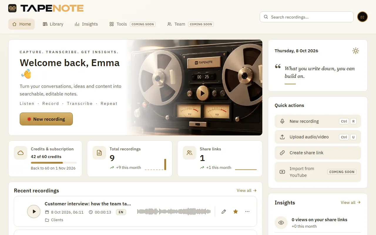 The home screen of the web app