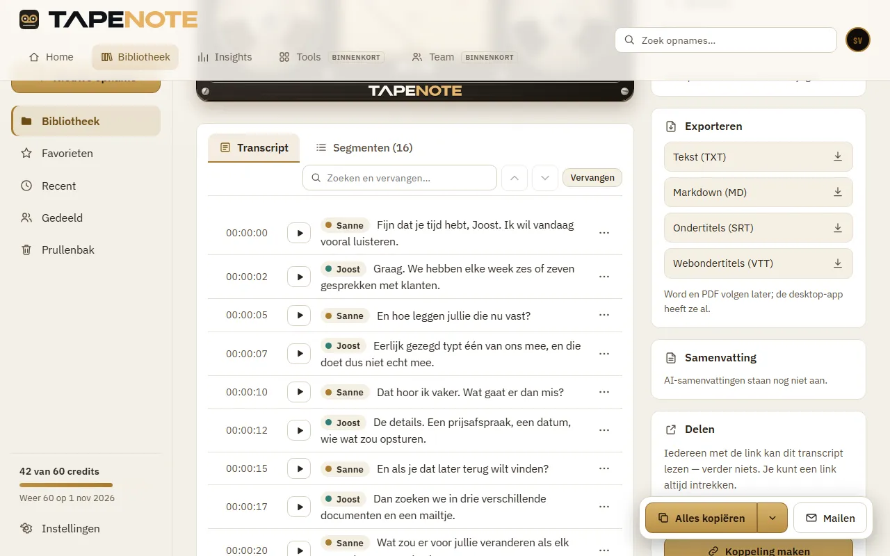 Een transcript in de webapp