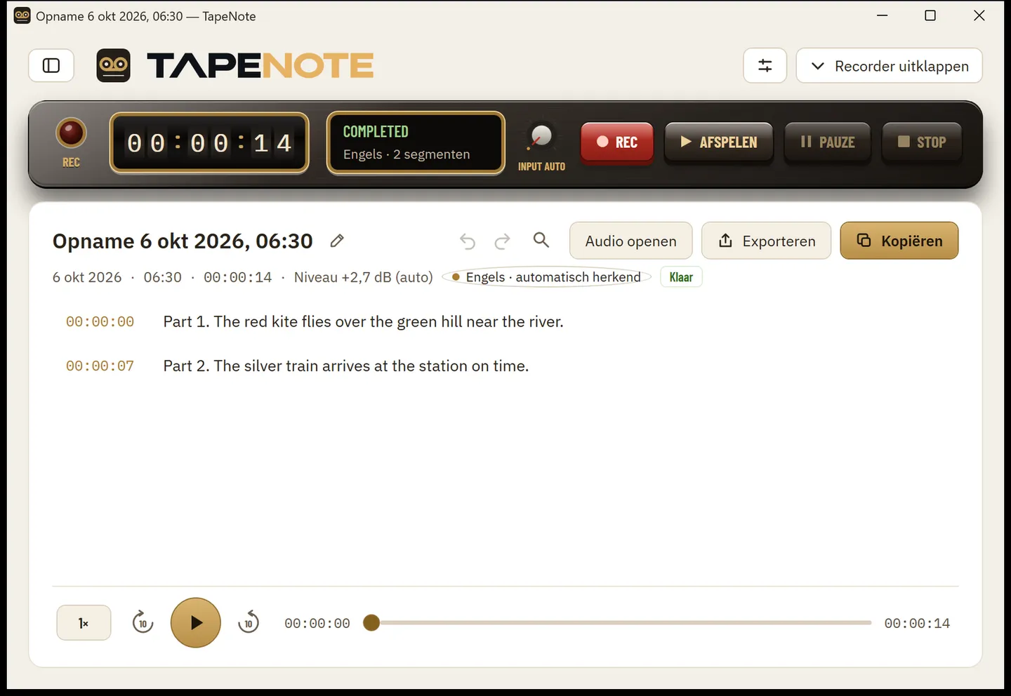Een transcript in TapeNote voor Windows